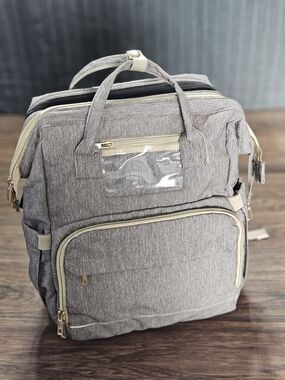 Tan/Gray Diaper Bag Backpack Fold Out Changing Station USB Large Capacity